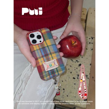 Puui原創適用蘋果16/16pro手機殼17pro高級布料格紋帶鏈條17promax蘋果15promax復古秋冬16promax手機殼
