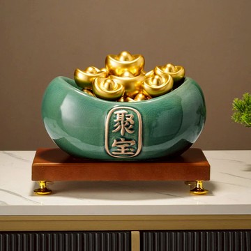 【A&R】招財開運 冰裂釉陶瓷聚寶盆附底座金元寶