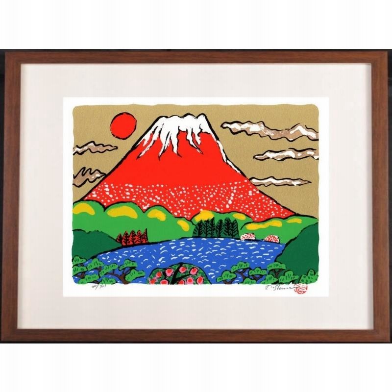 真作　富士山　赤富士Mt.Fuji 額装Japanese painting