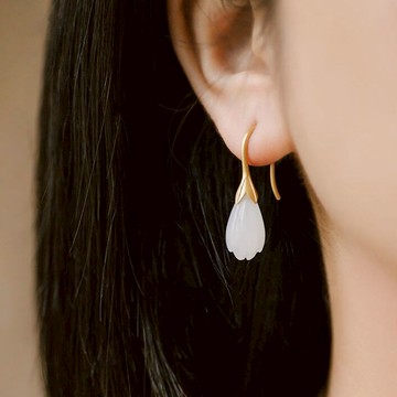 天然玉玉蘭花故宮上新古法金花梗花苞簡約小巧精致大氣耳墜/耳環
