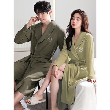 華夫格情侶浴袍女春秋夏季純棉中長款大衣男士睡袍薄款大碼家居服