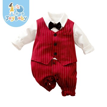 JOYBABY 長袖連身衣 寶寶西裝 長袖包屁衣 酒紅紳士西裝包屁衣 新生兒爬服 禮服