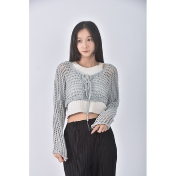 (M) mo mo質感修身短版針織藍色罩衫二手衣