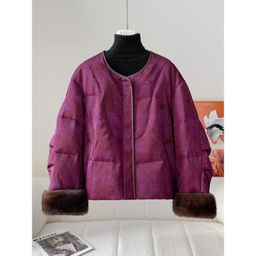 新中式國風90鵝絨羽絨服女短款2024冬新款高端提花水貂毛皮草外套