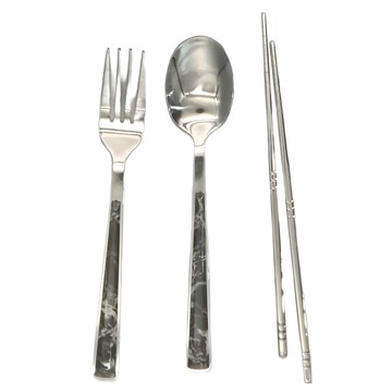 OMORY 大理石紋304不鏽鋼環保餐具4件組 加厚材質 邊緣精細打磨  石尚黑  收納盒 + 湯匙 + 叉子 + 筷子  1組