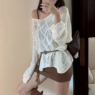 🧡任2件結帳77折🧡中大尺碼 上衣 寬鬆顯瘦鏤空V領長袖針織上衣【074672】APR16｜3色  19LADY〔現貨〕