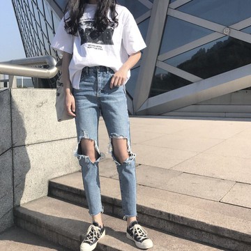 韓系女裝 個性破壞直筒九分牛仔褲 C1083