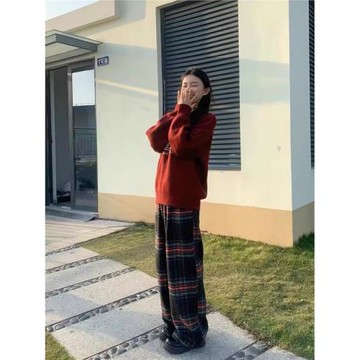 蘇格蘭毛呢紅色格子褲女秋季美式復古圣誕闊腿休閑褲子冬季小個子