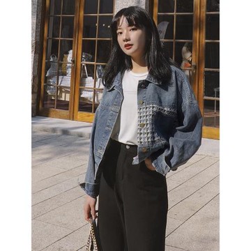 短款拼接牛仔外套女春秋百搭2025年新款韓版寬松上衣ins潮牛仔衣