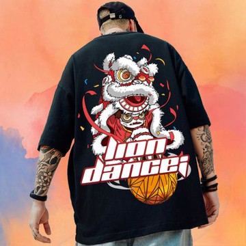 舞獅短袖T恤男潮牌加肥加大碼男裝寬松嘻哈國潮情侶胖子半袖純棉