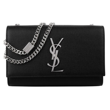 YSL YSL 銀字YSL魚子醬皮革銀鍊釦式斜背包(黑)S