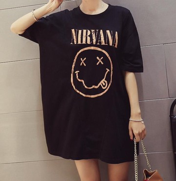 FINDSENSE MD 韓國時尚 女 寬鬆大碼 字母印花圖案 連身裙 中長款短袖 短袖T恤 學生短T