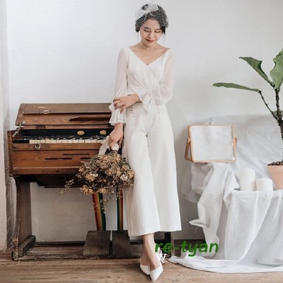 ウエディングドレス レース 二次会 スレンダー 2次会 結婚式 撮影 パンツドレス前撮り袖付き 花嫁 袖あり Vネック フォト 海外パーティードレス パンツ おしゃれ 通販 Lineポイント最大get Lineショッピング