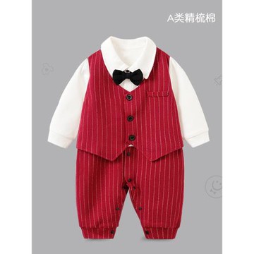 專柜嬰兒衣服男寶寶周歲禮服紅色滿月宴百天生日小西裝春秋連體衣