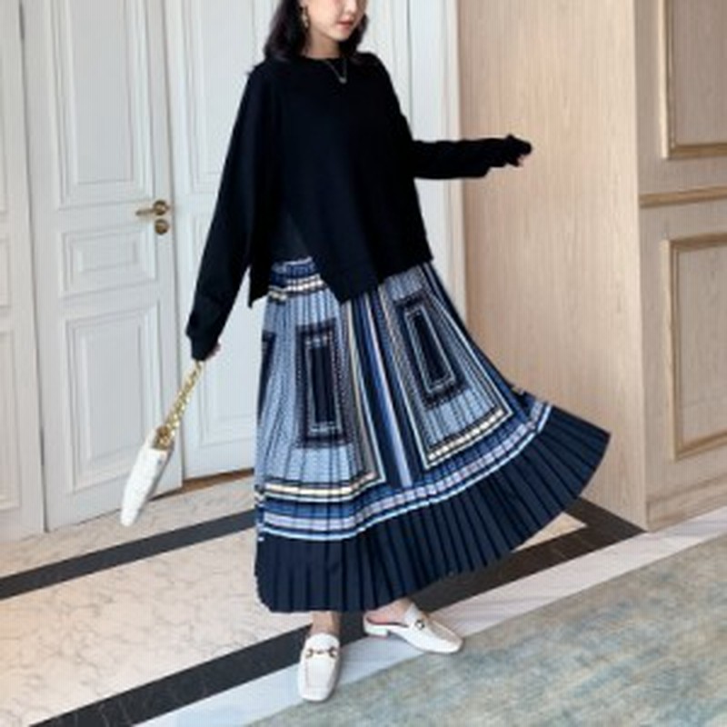 大きめサイズ フェイクツーピース 幾何学模様 プリーツスカート ワンピース ドッキングデザイン 通販 Lineポイント最大1 0 Get Lineショッピング