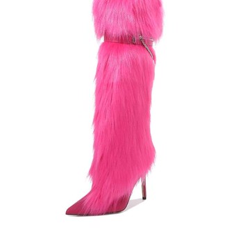 2024春季歐美時尚個性新款尖頭高跟金屬鏈條一腳蹬高筒長靴潮包郵