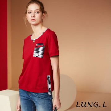 LUNG.L林佳樺 紅色拼接黑白條紋口袋短袖棉質女裝上衣LS82A