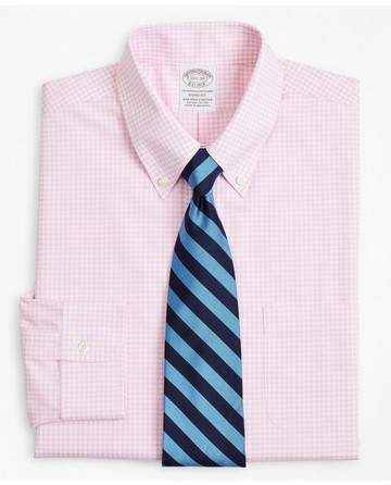 Brooks Brothers Men's Stretch Soho Extra-Slim-Fit Dress Shirt, Non-Iron Poplin Button-Down Collar Gingham | Pink | Size 15 34