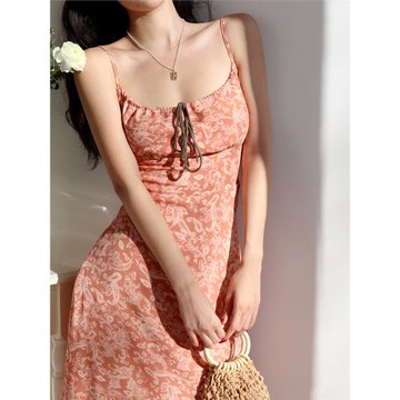 MH快時尚 歐美復古少女印花抽繩綁帶收腰顯瘦度假吊帶長裙連衣裙