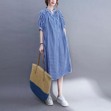 １００公斤可穿大碼女裝減齡洋氣寬松休閑文藝格子襯衫連衣裙 韓版洋裝 長裙洋裝 大尺碼洋裝 夏天洋裝 大尺碼女裝 日系穿搭