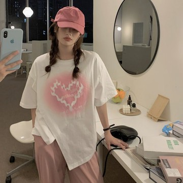佰分佰/150kg內可穿/大尺碼女裝/夏裝/特大碼/不規則/開叉t恤/寬松/顯瘦/抽繩/設計感/別致上衣/女生上衣