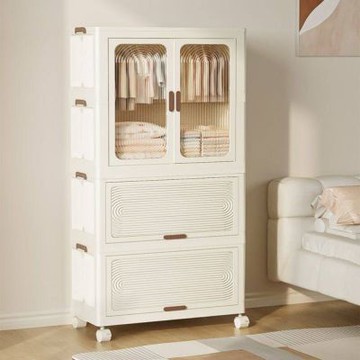 簡易折疊收納櫃衣櫃 家用衣服被子儲物櫃衣櫥-57cm+衣架+方向輪