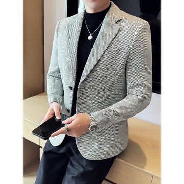 仿麻料千鳥格西裝外套男時尚休閑商務百搭潮流修小香風單西服上衣