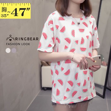 炎夏清涼滿版西瓜印圖圓領短袖T恤(白.灰M-3L) 眼圈熊 中大尺碼 T351