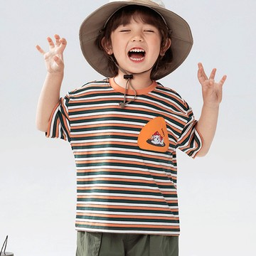 人氣卡通 - 卡通汪汪隊圓領短袖上衣-卡通人物毛毛-橘綠條紋