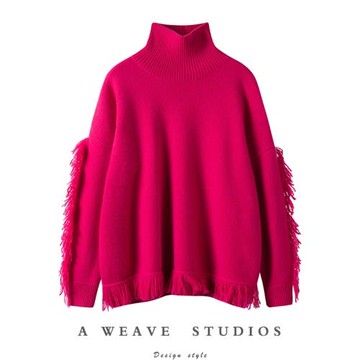 隔壁的神仙姐姐~重磅加厚流蘇高領羊絨衫女純羊絨毛衣套頭冬寬松