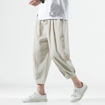 亞麻褲子男款夏季薄款七分褲中國風男裝棉麻休閑褲男士大碼哈倫褲