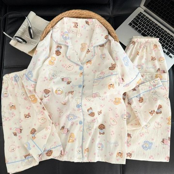 台灣出貨 高質量睡衣 睡衣三件套 睡衣女 夏休閒睡衣 雲朵棉睡衣 翻領開衫身體 少女家居服 居家睡衣 舒適睡衣 女生睡衣