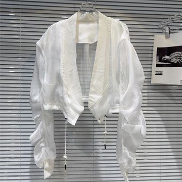 網紅同款2025秋季新款甜辣螺紋邊抽繩純色玻璃絲網紗上衣短外套女