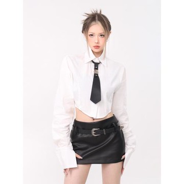 61OT PEARTH學院風帶領帶收腰顯瘦短款長袖白襯衫女上衣春秋襯衣