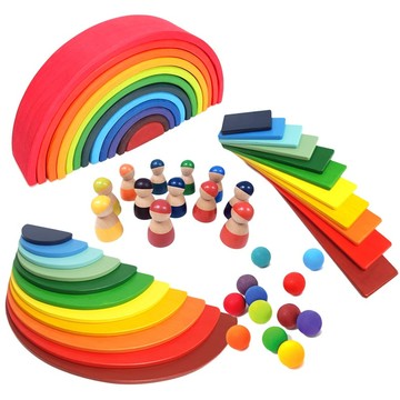 彩虹積木 基本五件組 (大彩虹+半月板+直板+小球+人偶) 小可愛積木 彩虹玩具 實木材質