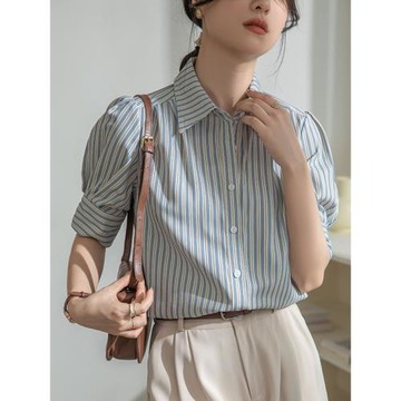 法式高級感條紋泡泡袖襯衫女夏季新款設計感別致小衫短袖氣質上衣