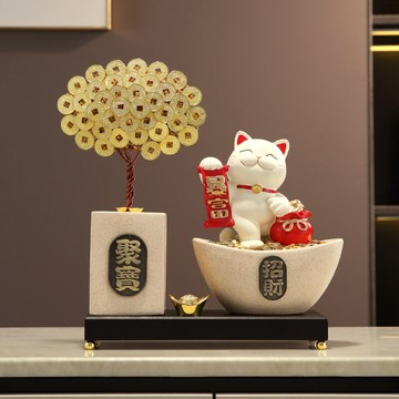 聚寶盆一桶金發財樹貓擺件辦公室客廳玄關柜屏風裝飾開業喬遷禮物