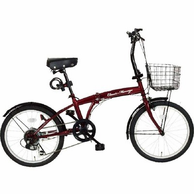 折り畳み自転車 20インチ 折りたたみ クラシックレッド LED ワイヤーロック フレーム2重ロック 6段変速 シマノ おしゃれ オシャレ
