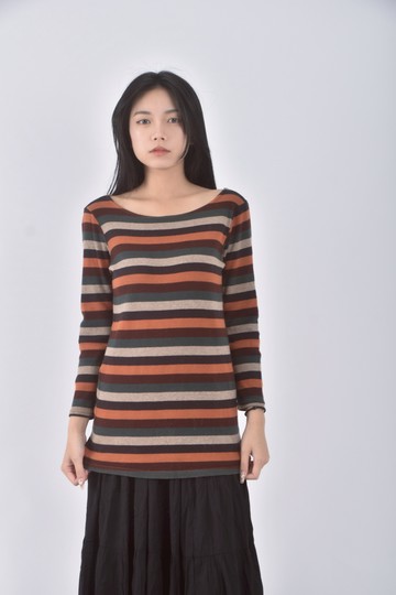 (S) 條紋棕色長袖上衣