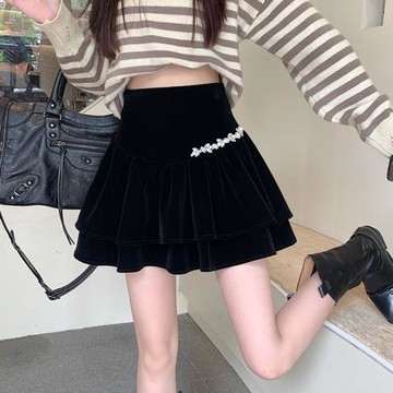 遮胯絲絨褶皺蛋糕裙女秋冬大碼不規則荷葉邊A字短裙顯瘦蓬蓬裙子