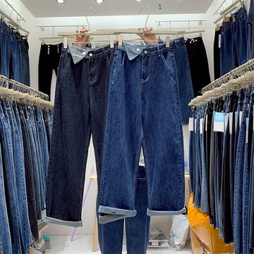 歐貨直筒牛仔褲女2021秋季新款深藍色設計感小眾高腰闊腿老爹褲潮