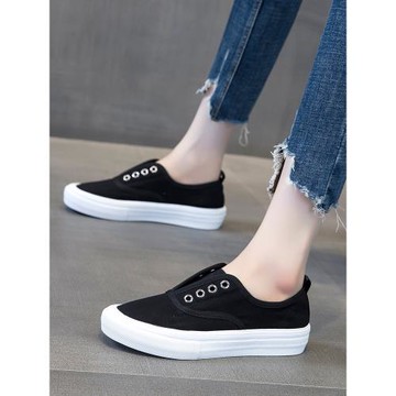 帆布鞋女2025新款夏季薄款低幫透氣百搭學生一腳蹬黑色板鞋樂福鞋