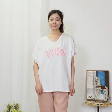 花木馬日系女裝V領寬鬆連袖亮片貼布休閒T恤