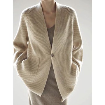 法式一粒扣針織開衫女秋冬寬松慵懶中長款高級感v領毛衣外套外搭