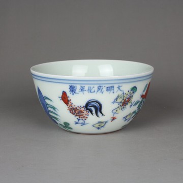大明成化青花斗彩手繪雞缸杯茶杯 古玩古董陶瓷器仿古老貨收藏品