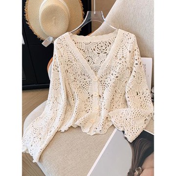 自留款推薦~春夏法式V領鏤空長袖針織開衫女設計感單排扣別致上衣