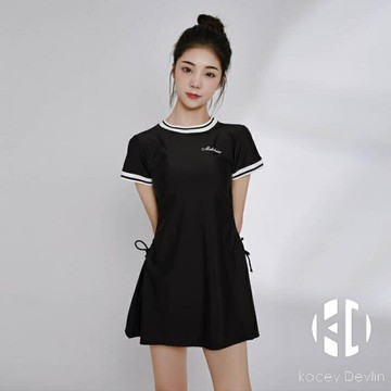 運動風連體裙式分體平角兩件套保守學生小胸遮肉肚顯瘦溫泉泳衣女【聚物優品】