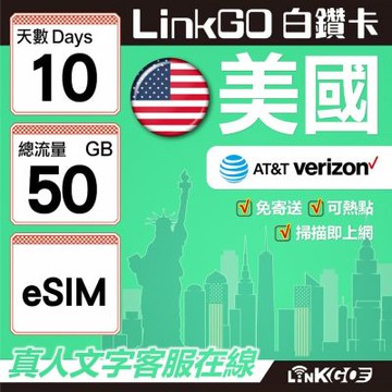 LinkGO白鑽卡 美國 eSIM卡 10天上網卡 總流量50GB 高速流量(美國網卡 舊金山 洛杉磯 紐約 西雅圖)
