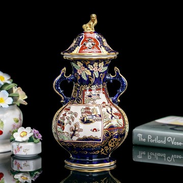 英國製Masons吉祥富貴驕人奢華雙耳金獅中式楊柳亭陶瓷寶瓶花瓶