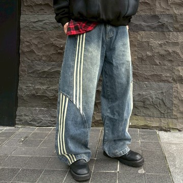 【AMERO】男裝 女裝 牛仔彎刀長褲 線條設計 情侶裝